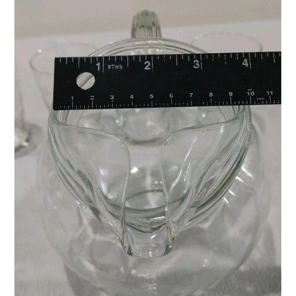 Vintage Tilted Clear Water Pitcher Etched Leaves Ring & Ice Lip & 4 Glasses